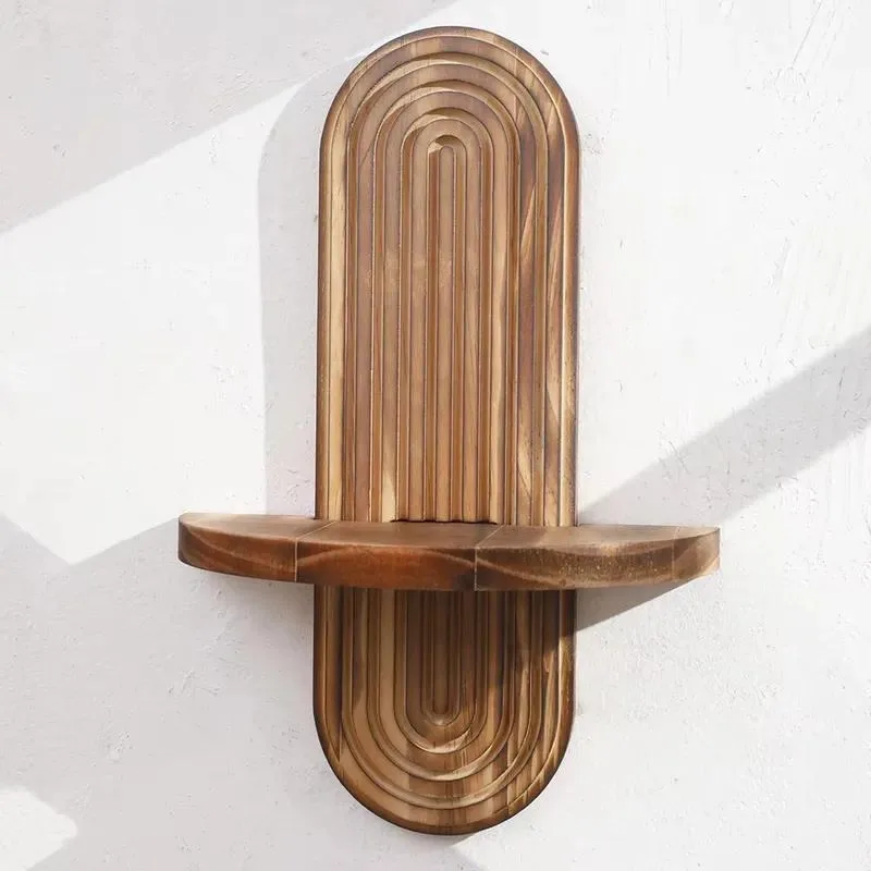 Charcoal Baked Oval Line Pattern Creative Solid Wood Wall Mounted Tableware Storage Rack Handmade Durable Home Living Room