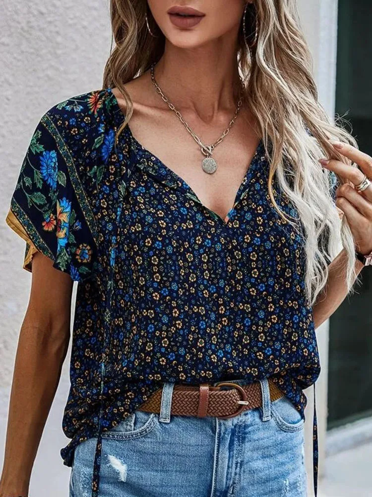 Boho Floral Print Women\'s Blouses 2024 Summer Fashion Loose V Neck Short Sleeve Beach Tops Female Elegant Casual Shirt For Women