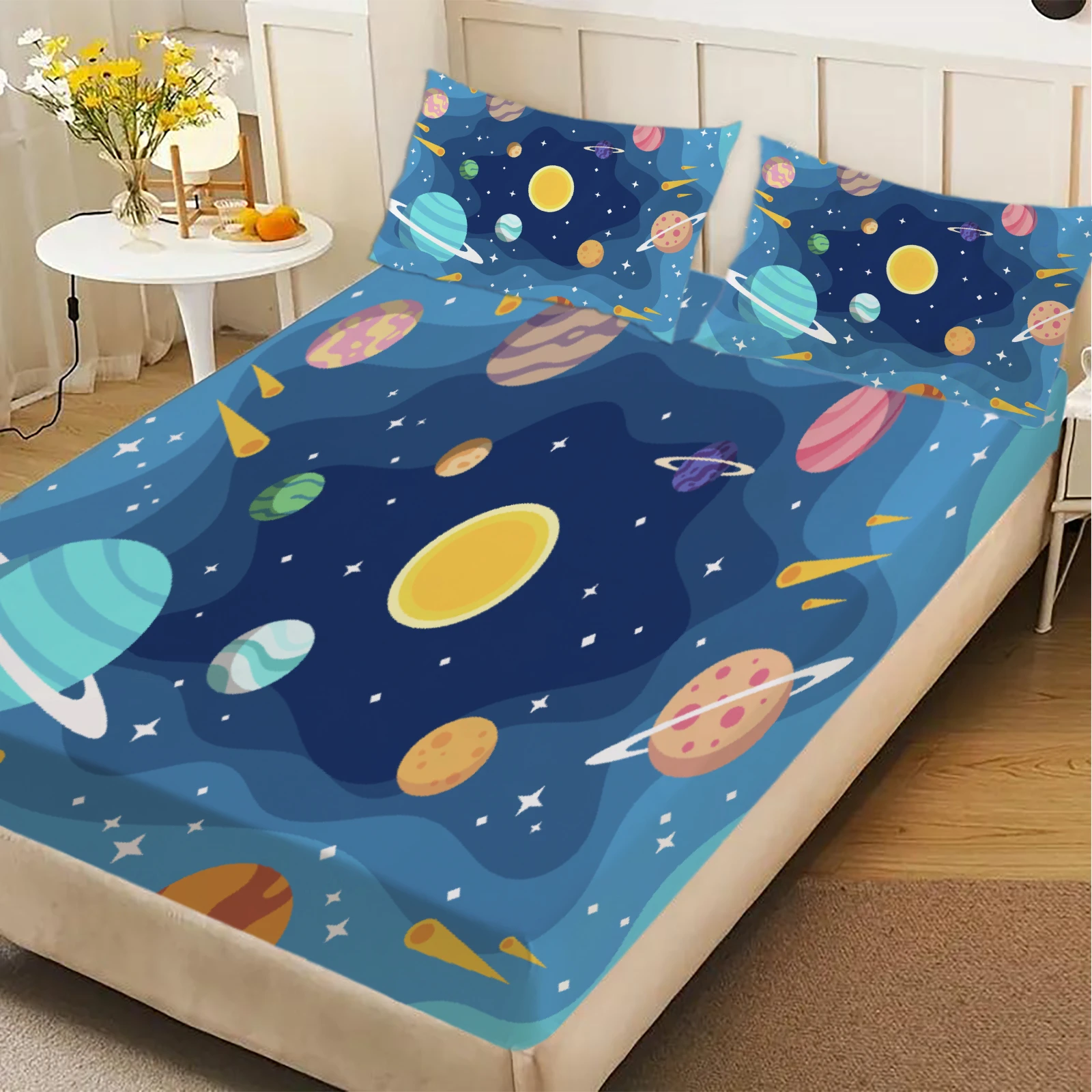 3pcs Soft Playful Fitted Sheet Set 100%Polyester Space Planets Stars Galaxies Universe Printed Bed Sheet With 2Pillowcases