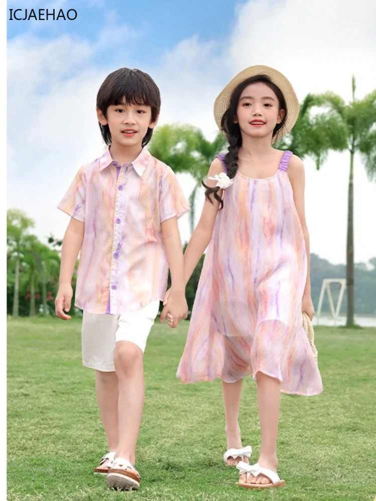 

2025 Family Beach Dresses MatchingParent Child Ocean Set Mother Father Kids Clothes Mom Daughter Dress Dad Son Shirt Couple