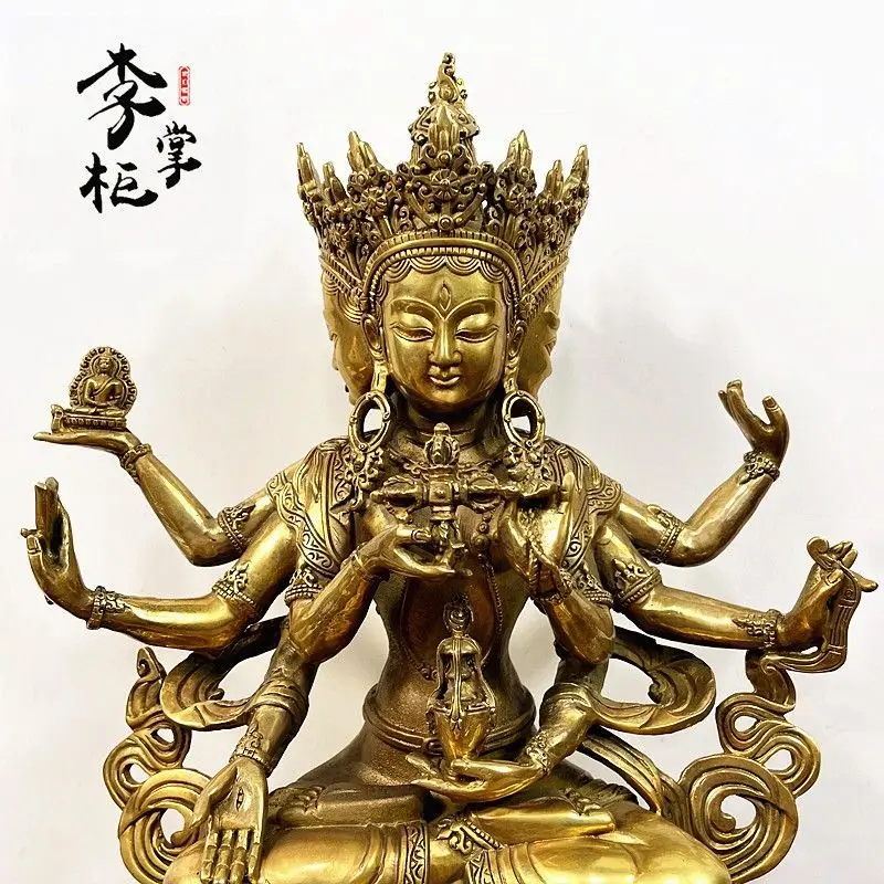 Tibetan Tantra large pure copper Zunsheng Buddha statue brass top bun Zunsheng Buddha statue three sides and eight arms ornament