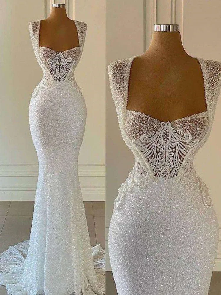 Personalizado Sexy cuello cuadrado brillante cuentas pesadas lentejuelas sirena Vestido De novia tren De barrido Vestido De Casamento mangas casquillo B