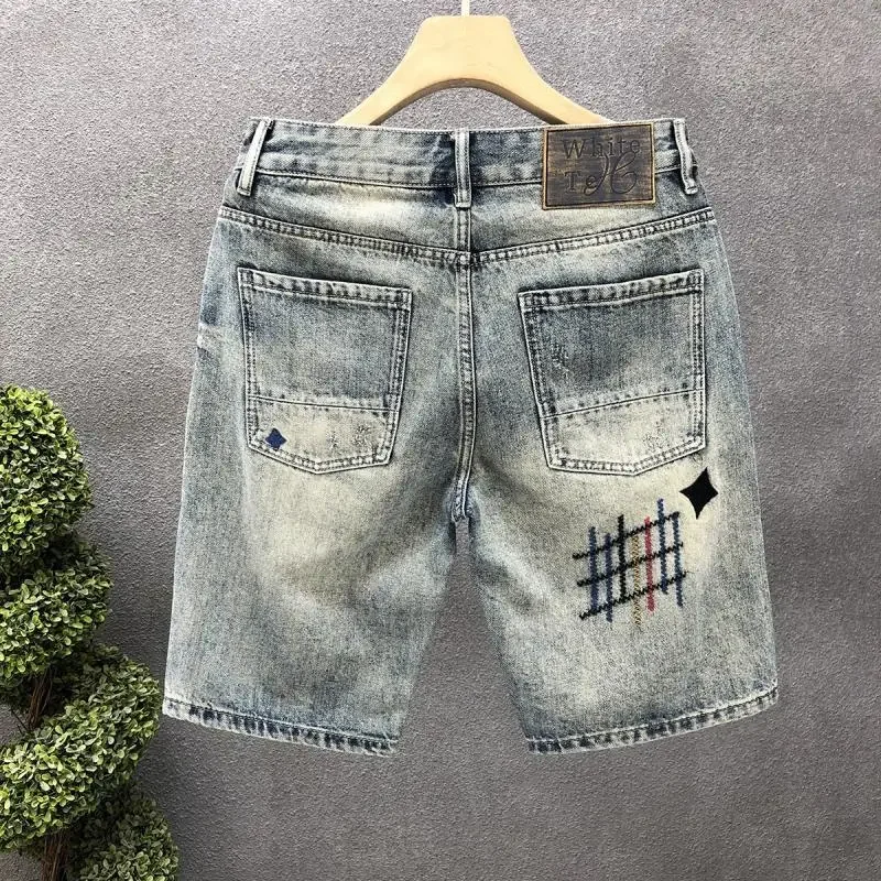 

With Pockets Half Male Denim Shorts Straight Men's Short Jeans Pants Long Ripped Bermuda Luxury Stretchable Wih Zipper Stretch