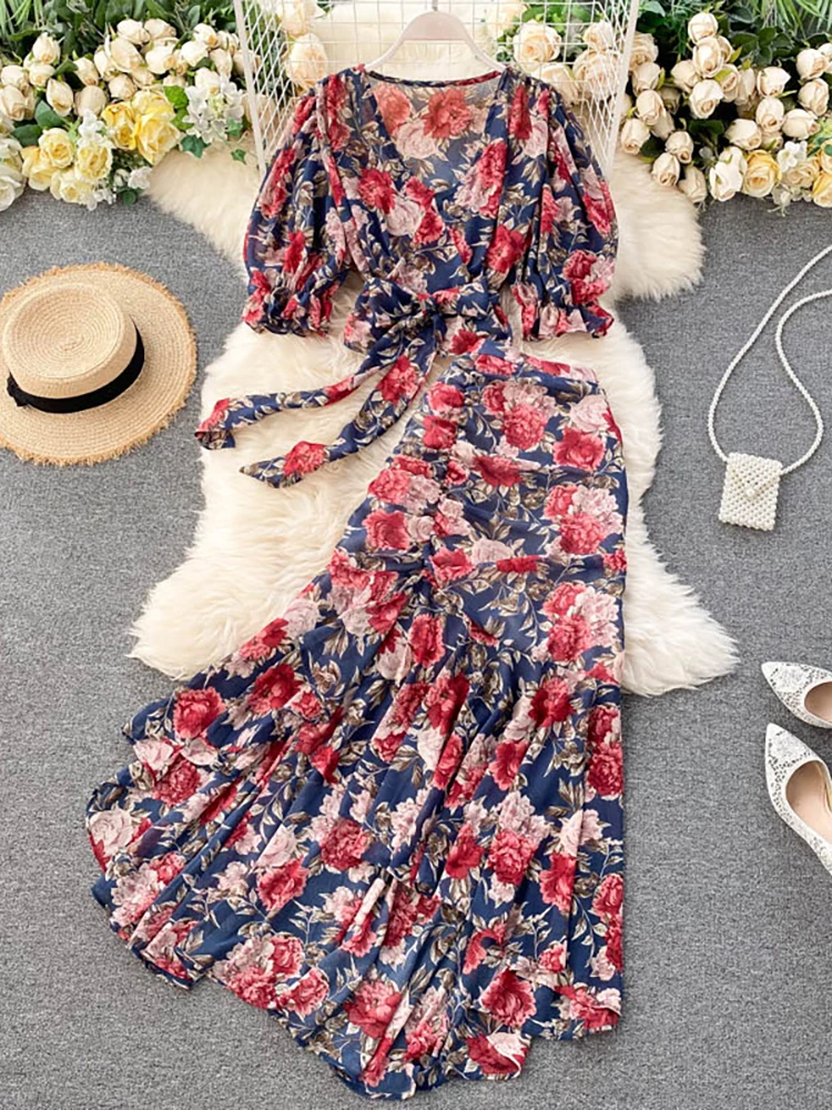 Holiday Style Floral Print Lace-up Shirts And Pleated Fish Tail Long Skirt Set Bohemian Chiffon Two Piece Set For Women Outfits