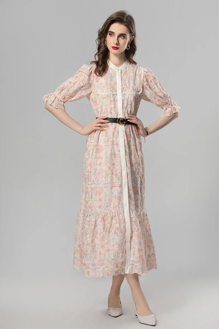 

ZOZO Summer High Quality New Arrivals Women Dress Floral Print Embroidery Hollow Out Sashes Flare Sleeve Elegant Dresses