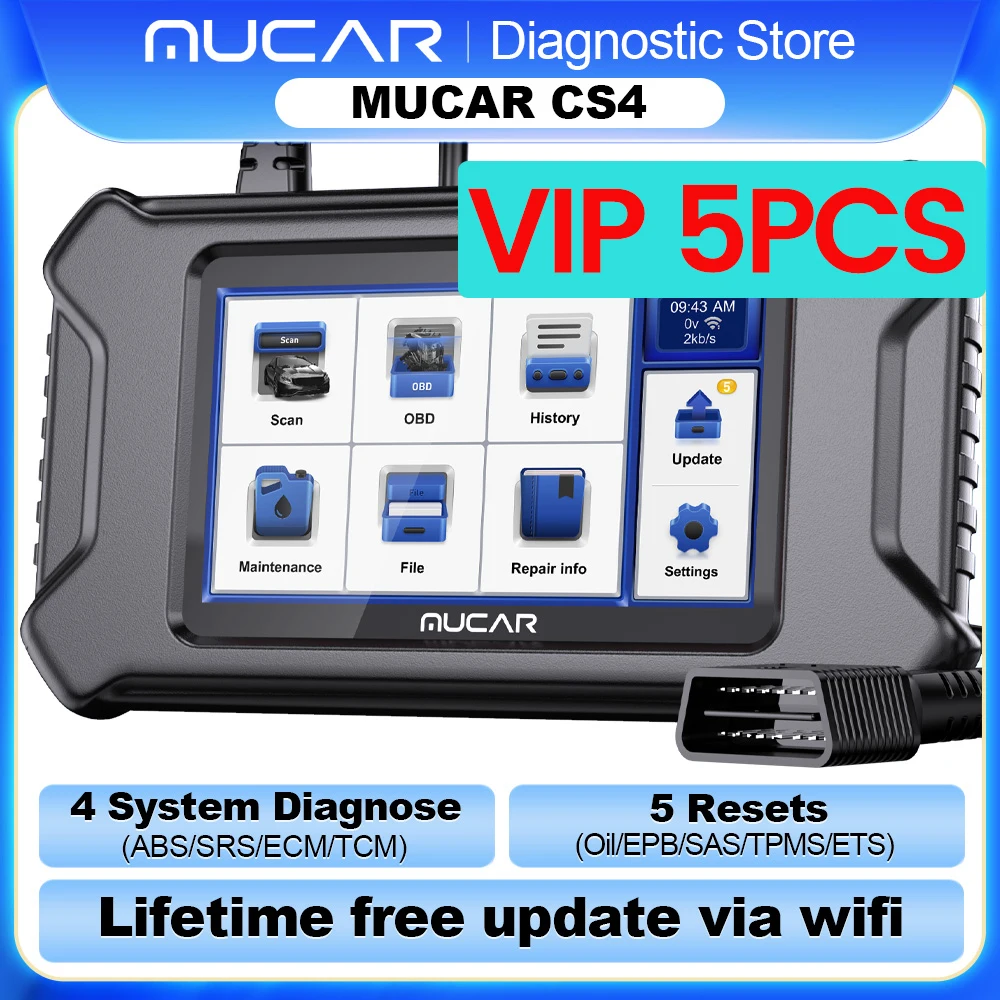 

5PCS VIP MUCAR CS4 OBD2 Scanner Diagnostic Tool ABS/SRS/ECM/TCM 4 system Diagnosis Oil/EPB/SAS/TPMS/ETS 5 Resets Service Free