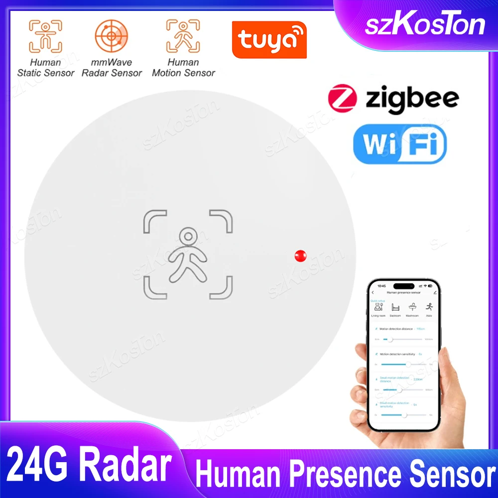 

WiFi Zigbee Smart Human Presence Sensor 24G MmWave Radar Detector with Luminance Distance Detection Tuya Smart Life APP Control