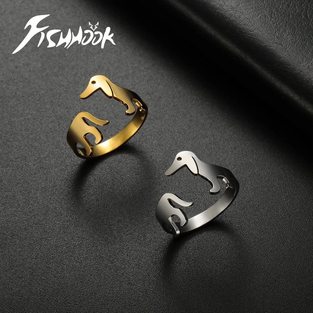 Fishhook Dachshund Finger Ring for Men Woman Girl Kid Child Resized Long Dog Puppy Gold Color Stainless Steel Jewelry Gift