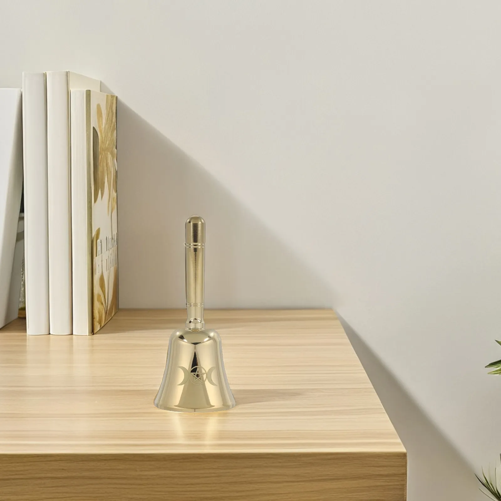 Brass Hand Bell with Intricate Triple Moon Phase Detail Heavy Duty Pendulum Altar Service Bell for Prayer Dinner Attention