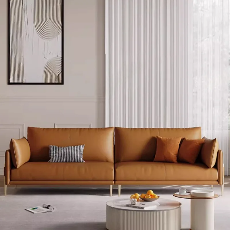 Einfaches Sofa aus Lederkunst, erste Schicht aus Rindsleder, gerade Reihe