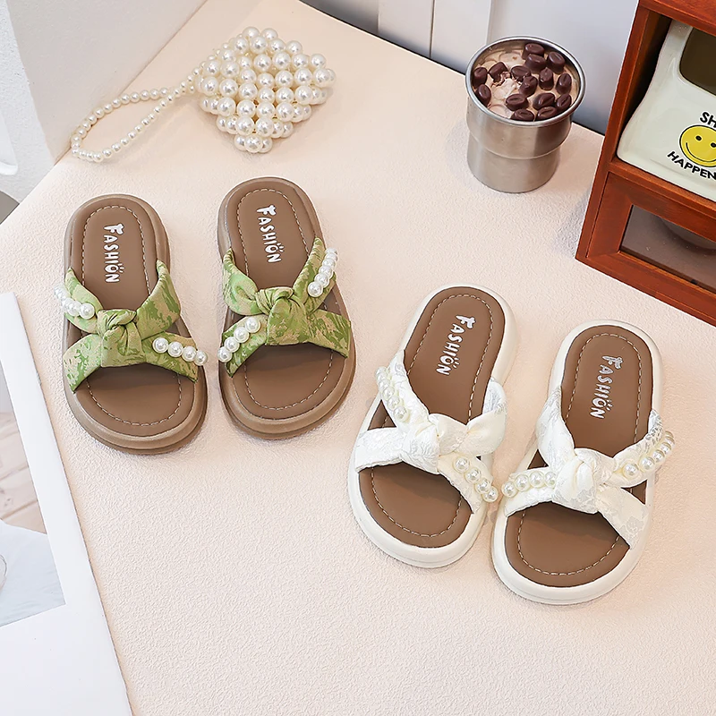 

2026Girls Bowknot Slides Sandals Soft Non Slip Kids Summer Beach Casual Outdoor Flat Comfortable Children Slippers Shoes