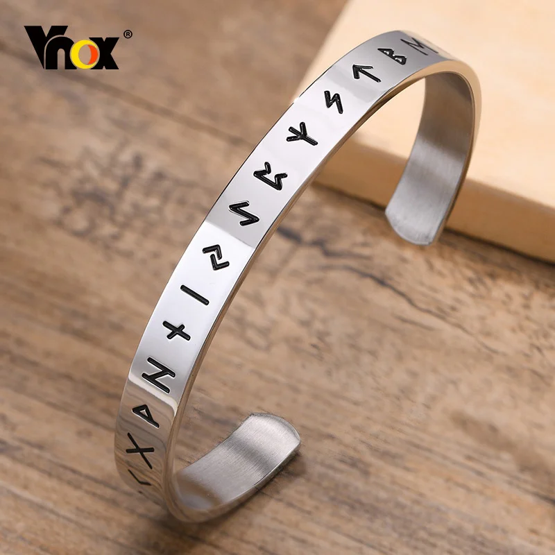 Vnox Pulseras vikingas de 8 mm para hombres, brazalete con amuleto de letras de runas vikingas nórdicas, brazalete vintage punk rock para niños, regalo del día del padre