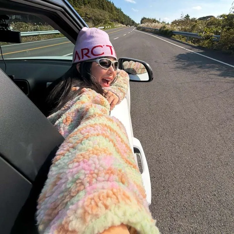 Chic inverno vintage bavero pelliccia di agnello calda felpa Jaet donna allentata pigra eleganza tuta sportiva top fibra di poliestere 00%