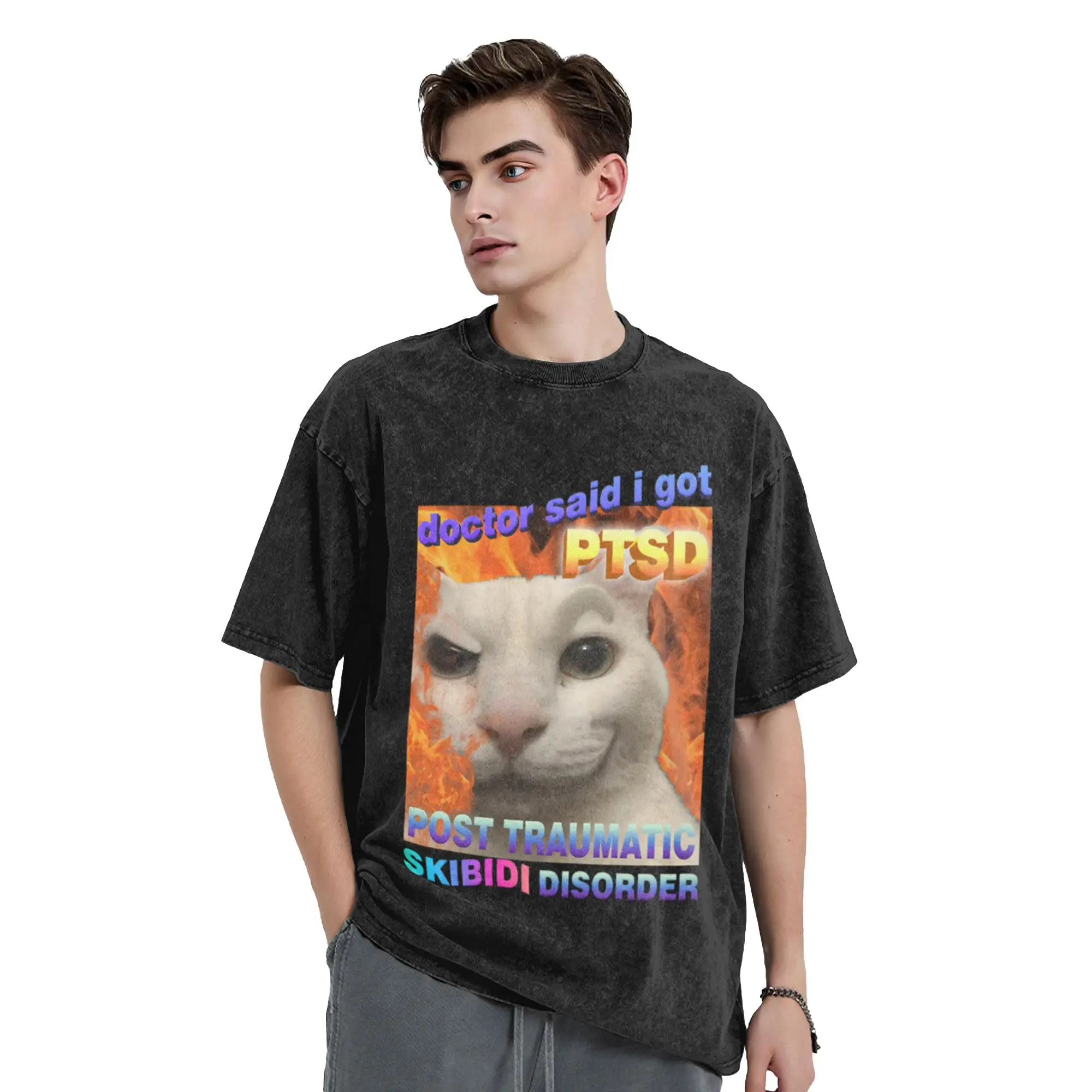 Skibidi Disorder Funny Stupid Cat Meme Unique Cool A T-Shirt Oversized Short Sleeve Men's Women's Cotton Tees Tops