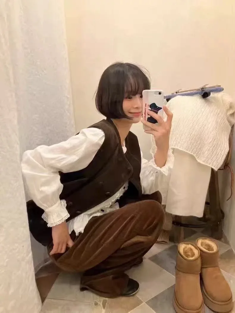 

East Gate ViaPlin Vintage Casual Wool Blend Double Buttoned Vest Women's Faion Commute Sle round Ne Inner Wear