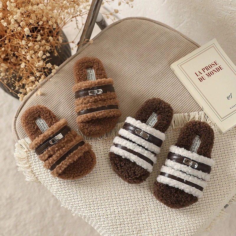 Kids Winter Fluffy Plush Slide Slippers Boys Girls Fleece House Slippers Open Toe Children Indoor Home Cotton Shoes Size 23-35