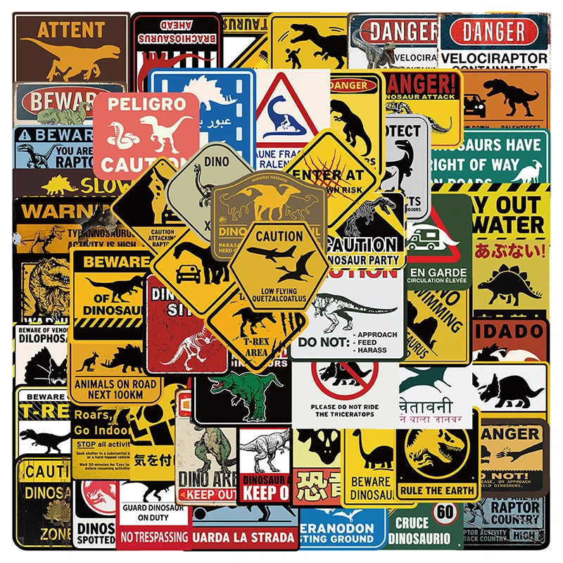 60Pcs Jurassic Park Dinosaur Warning Stickers Danger Banning Decals DIY Notebook Fridge Motorcycle Luggage Car Sticker Toy