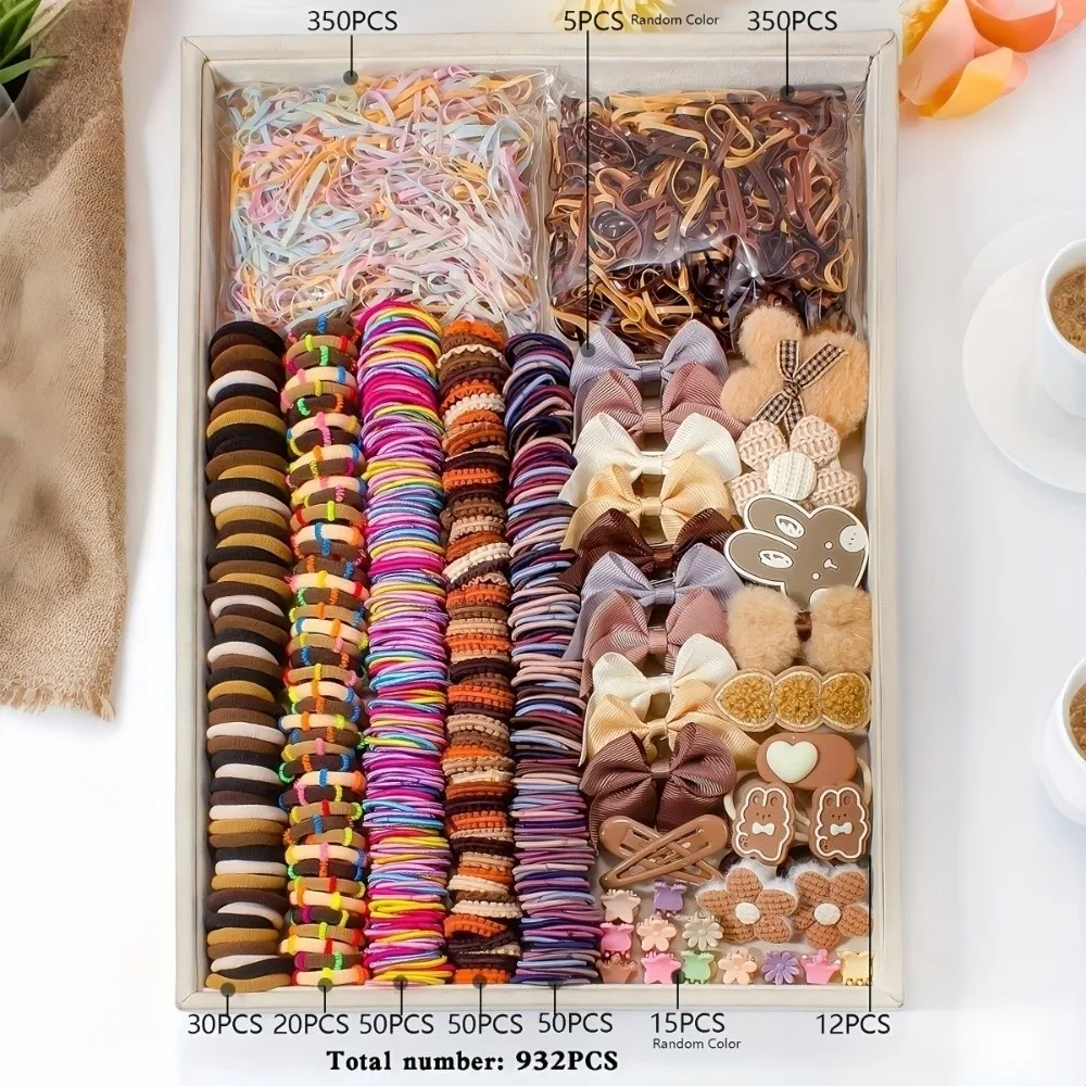 932pcs Trendy Brown Hair Accessories Set Sweet Cute High Elastic Kids Hair Ties Set Hair Rope Bowknot Rubber Band Girls Gift