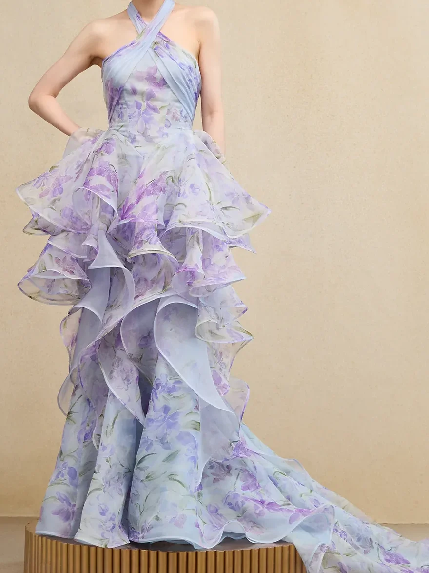 

Chic Halter Sleeveless Floral Tiered Straight Evening Dresses Birthday Party Prom Gowns Customized