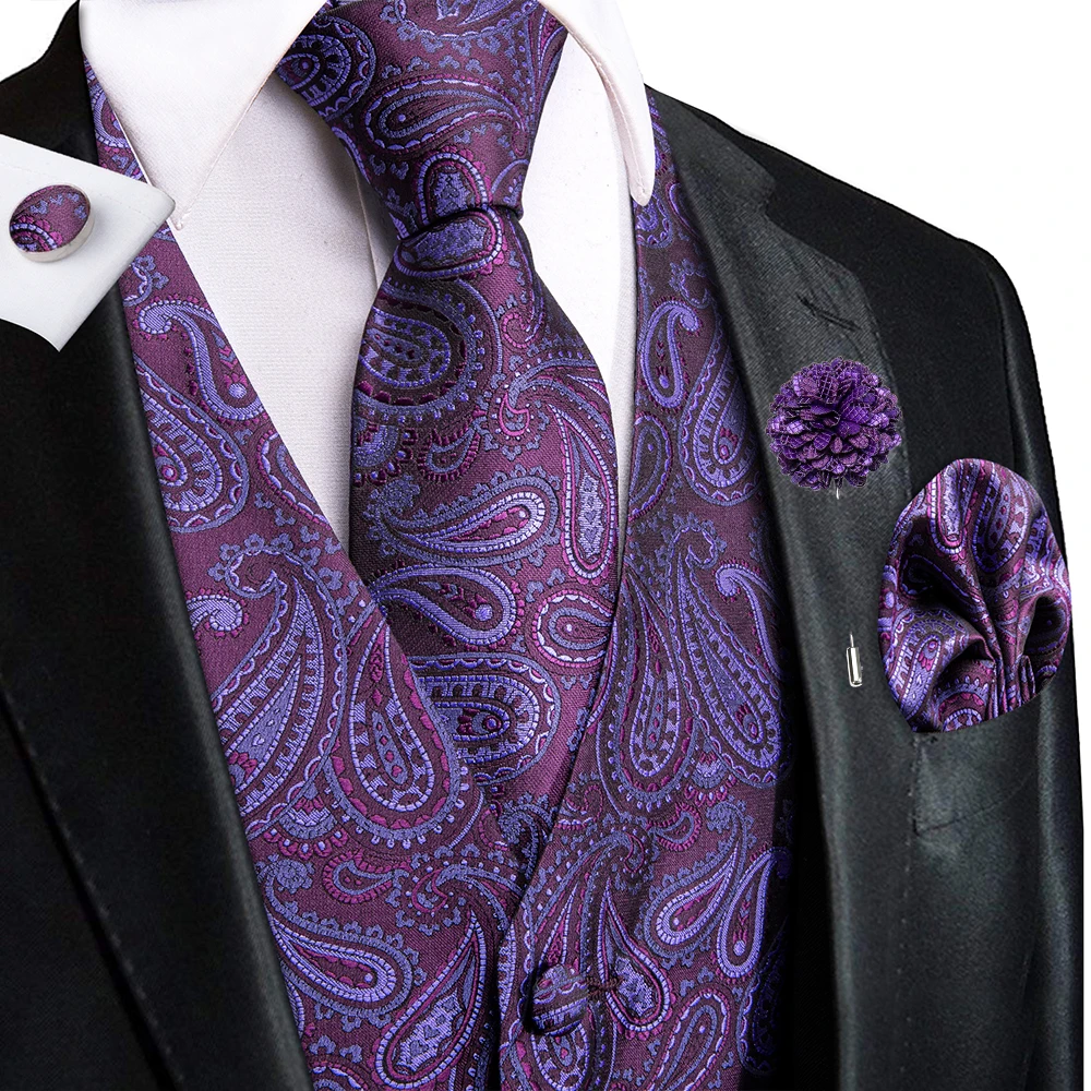 

Hi-Tie Dark Purple Mens Vests Silk Paisley V-Neck Waistcoat Tie Hanky Cufflinks Brooch Sets for Men Suit Wedding Formal Business