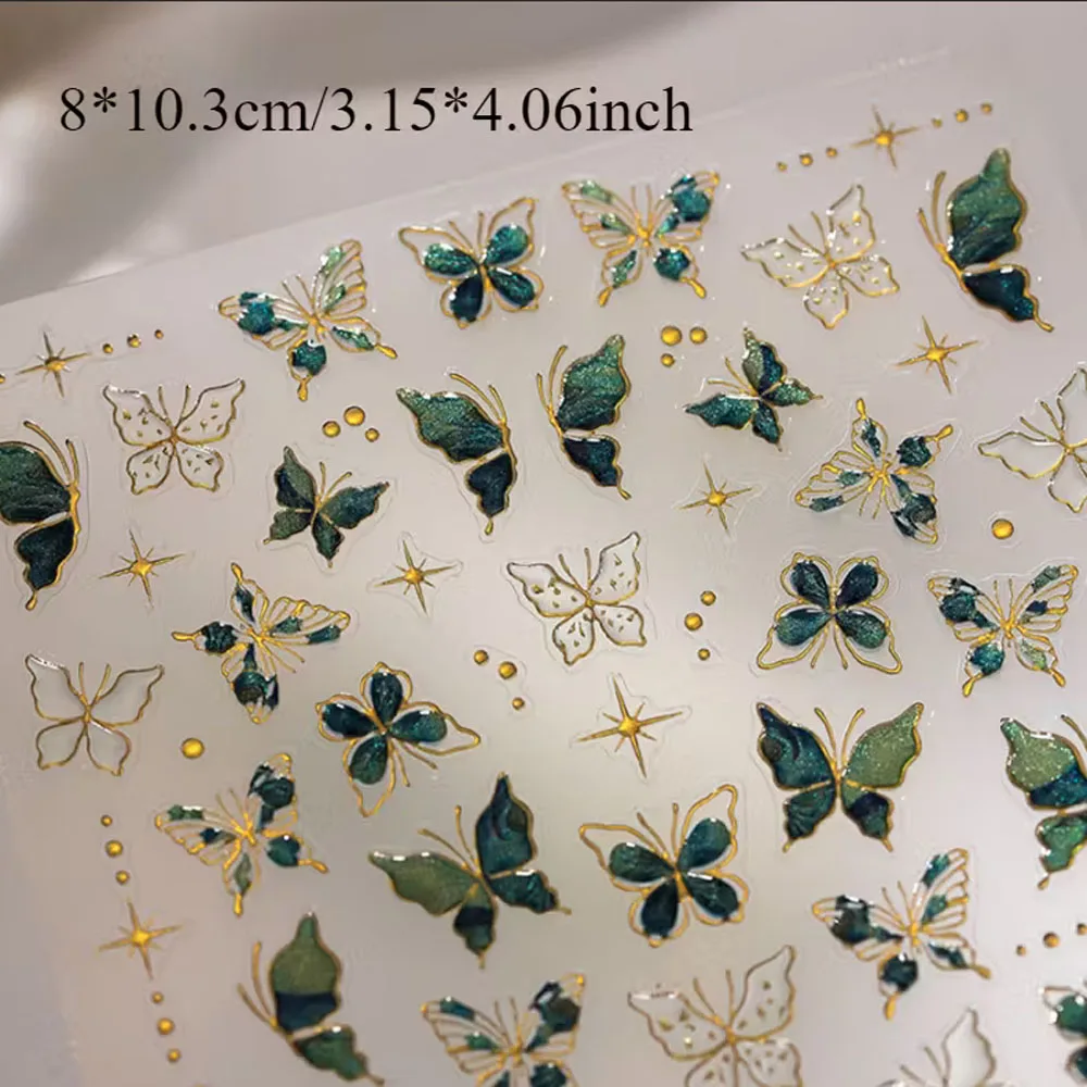 1 unidad de pegatinas para decoración de uñas con mariposa verde dorada bronceadora de gelatina, diseño de brillo con Flash 5D, adhesivo para decoración de uñas, accesorio de manicura