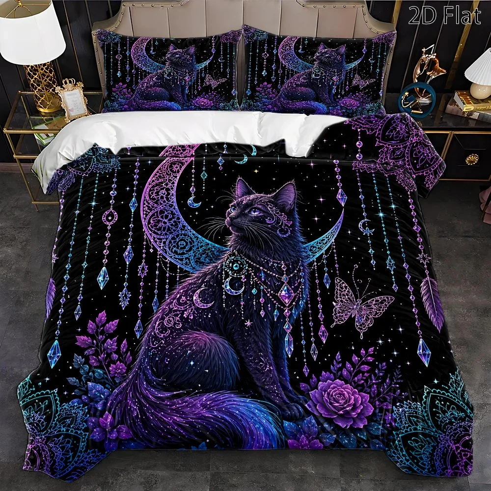 3Pc Mysterious Dreamy Star and Moon Black Cat Duvet Cover Set, Three-Piece Bedding Set (1*Duvet Cover + 2*Pillowcases), Suitable for All Seasons, Machine Washable, Invisible Zipper Double Bed Cover, Suitable for Home, Dormitory, Master Bedroom, Guest Room, Bohemian Floral Decoration, Starry Sky Magic Cat Bedding, Large Duvet Cover Set, Popular Ins-Style Bedding