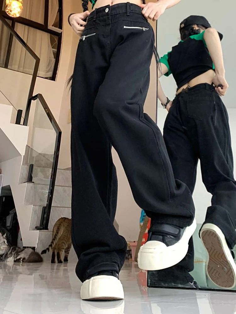 

Ins Summer Women High Street Straight Leg Trousers Lady Pocket Zipper Design Workwear Jeans Lady Streetwear Loose Wide Leg Pants