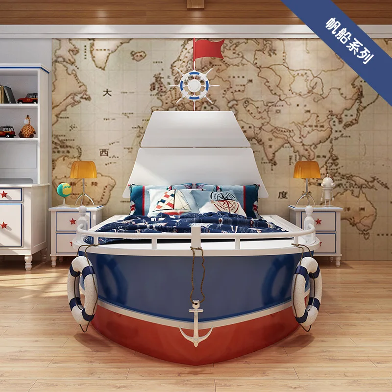 Children's furniture full solid wood children's bed with guardrail boy single bed creative nautical ship type 1.5 meter child be