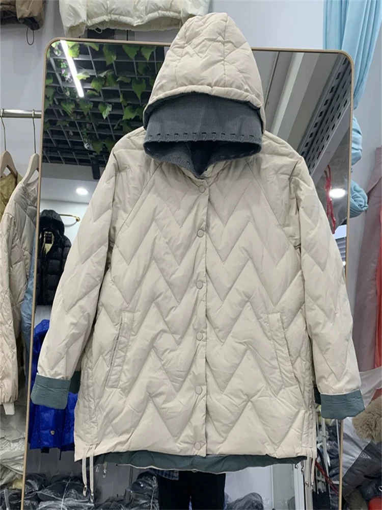 

Женское вязаное лоскутное пуховое пальто с капюшоном, осень-зима, теплая утепленная куртка на белом утином пуху, парки, женская верхняя одежда больших размеров
