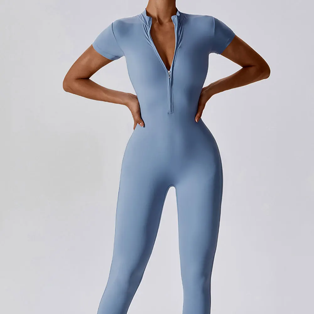 Ensemble de Yoga, combinaisons une pièce pour femmes, fermeture éclair, manches courtes, vêtements d'entraînement, Push Up, Fitness, body, vêtements de sport, survêtement