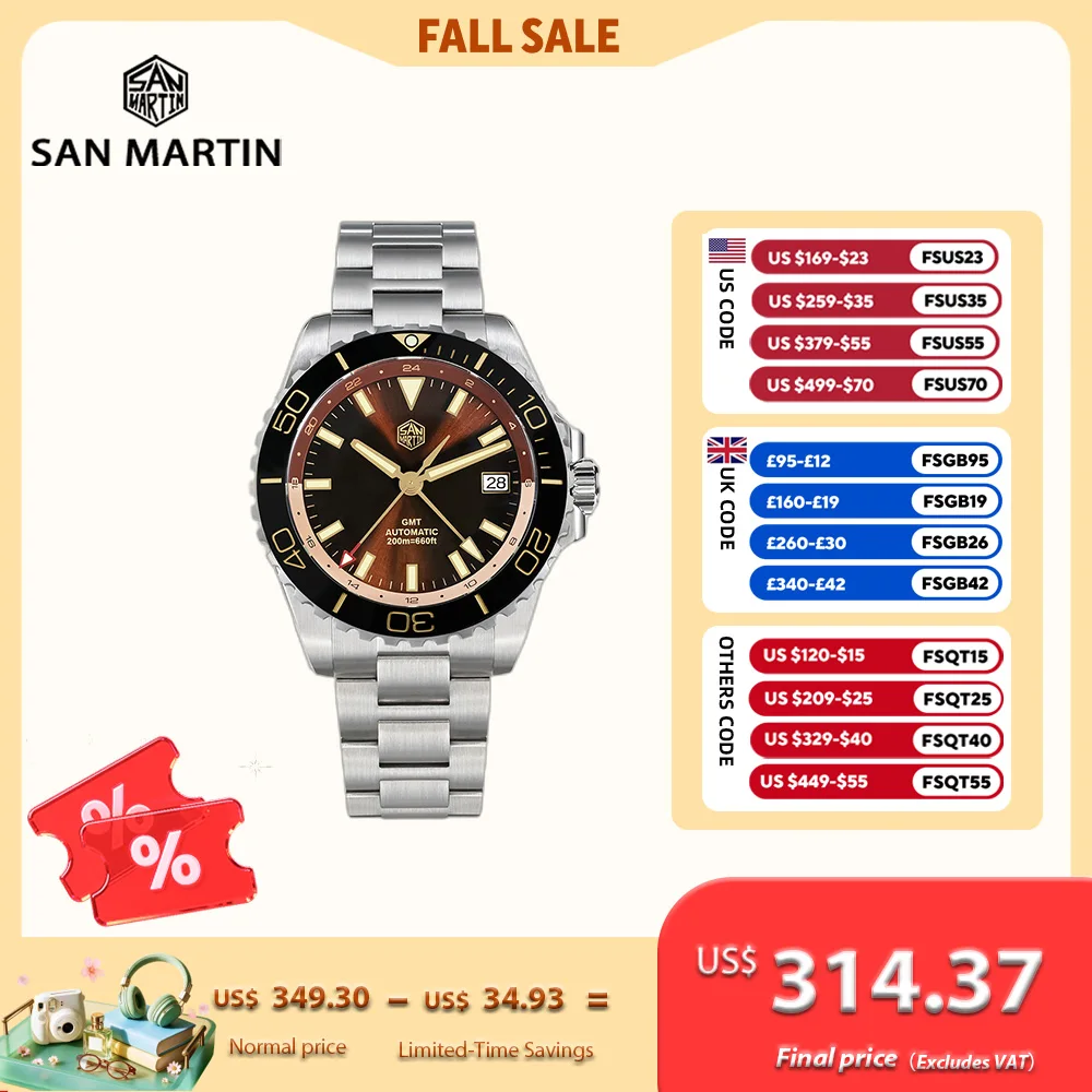 San Martin 39mm Retro Enamel Sunray Dark Brown Dial Men Automatic NH34 GMT Watch 20Bar Wristwatch SLN C3 Green Lume Dive SN0136