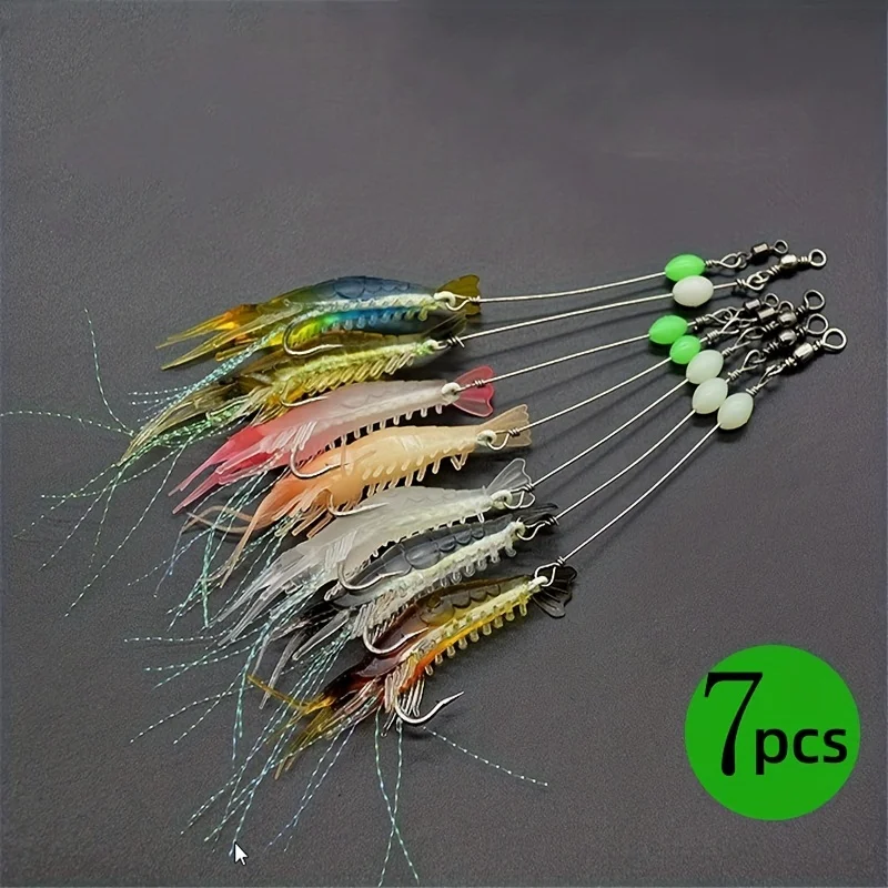 7pcs/lot Luminous Shrimp Soft Lure - Glow in the Dark Fishing Lure with Hooks & Swivels - 8cm/3.15inch - 5g