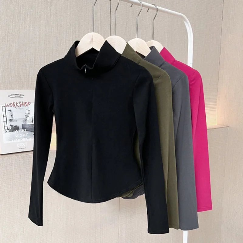 Damska koszulka z długim rękawem na jesień i zimę 2025, modna, asymetryczna, z półotwartym zamkiem błyskawicznym, dopasowana, seksowna, ciepła, krótka bluzka.