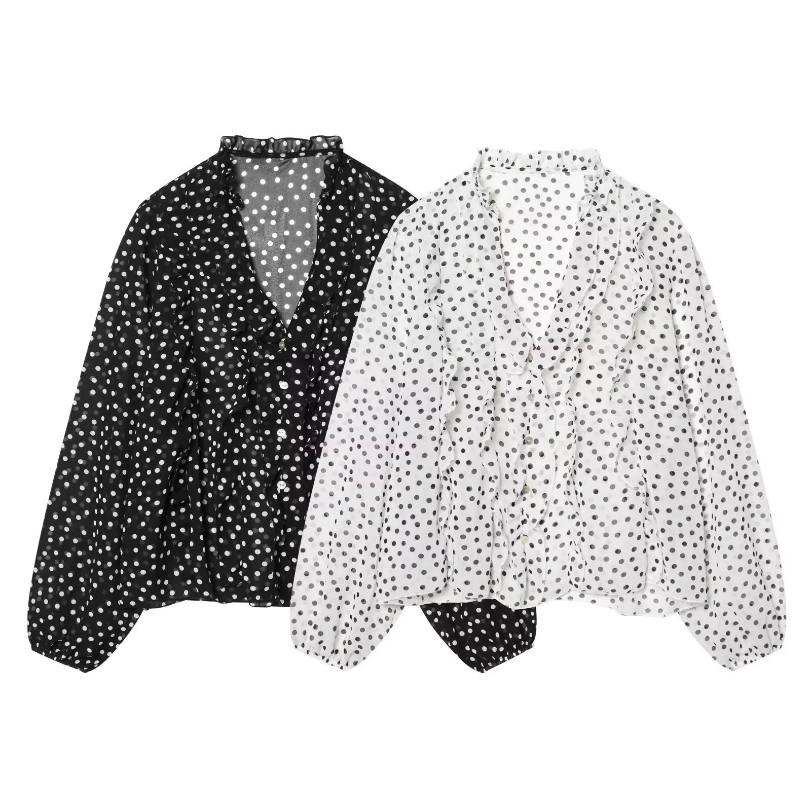 

Женская рубашка в горошек с рюшами по низу