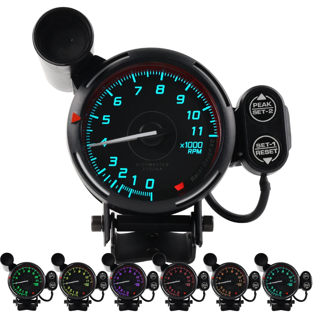 

7 Color LED Adjustable Racing Car 3.75'' 80mm Tachometer Tacho Gauge 0-11K RPM Meter Gauge With Shift Light