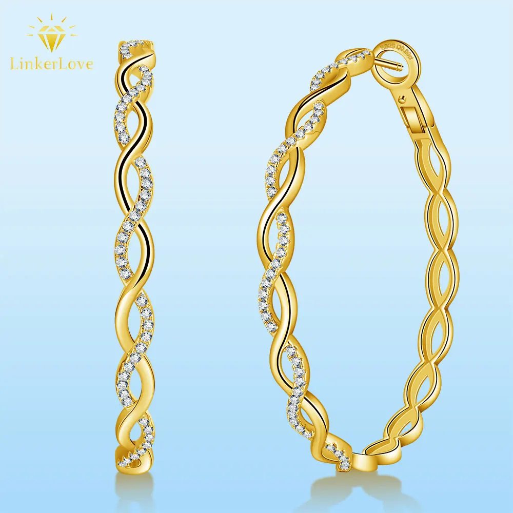 LinkerLove 30/50mm Golden Moissanite Hoop Earrings S925 Sterling Silver for Women Twisted Infinity Diamond Earrings Fine Jewelry