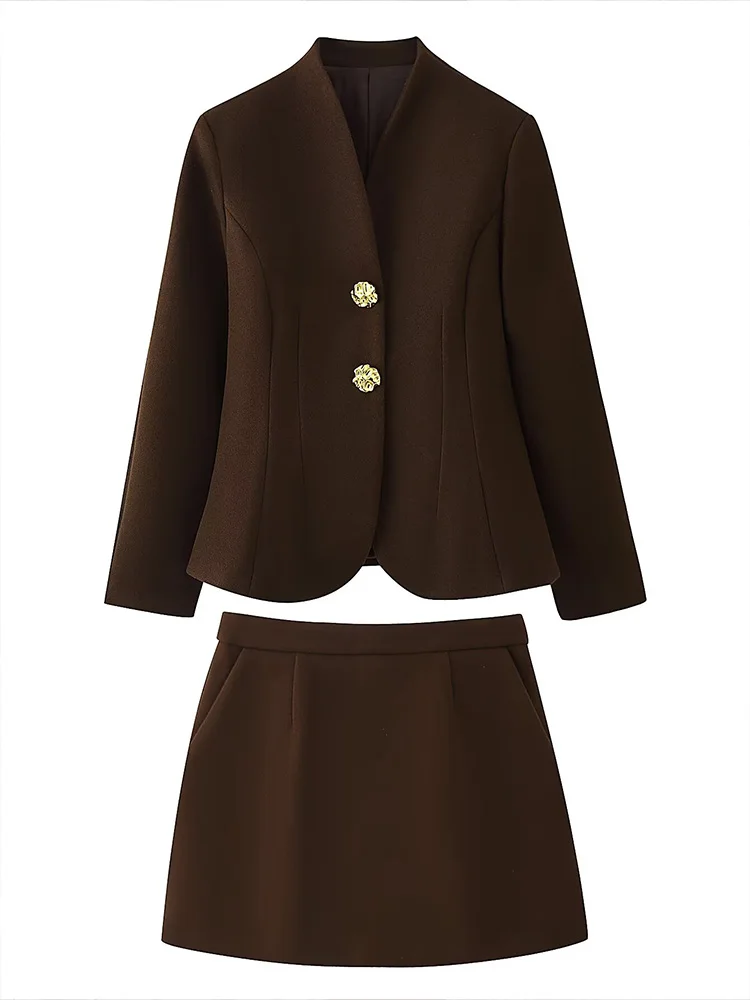 

HH Women Spring New Fashion Versatile Cocoon-Shaped Waist Stand Collar Metal Buckle Woolen Jacket+Mid-Waist Zipper Short Skirt