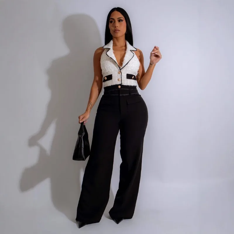 

KEXU Fashion Patchwork Women Notched Neck Wide Leg Jumpsuits 2025 Summer Sexy Party Club One Piece Suit Rompers Playsuit