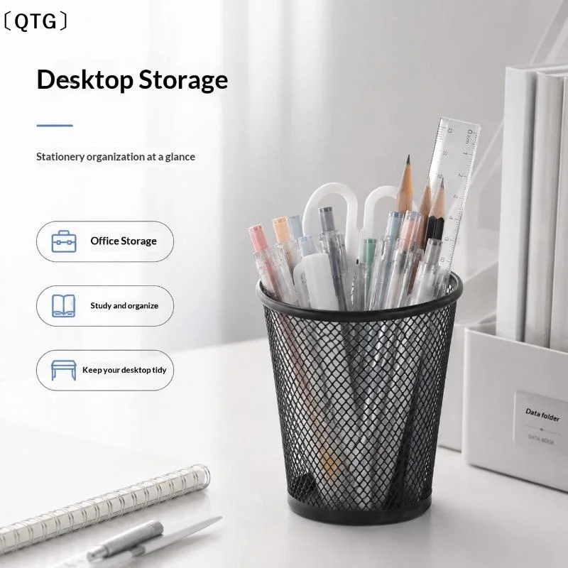 〔QTG〕Black Metal Mesh Pencil Holder Office Desktop Organizer Square Round Pen Pot Cup Durable Container Case
