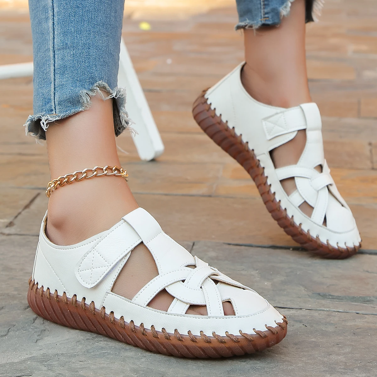 

New Leather Women Flats Hollow Sandals Woman Casual Shoes Summer Women's Loafers Breathable Beach Female Sandals Plus Size 36-43