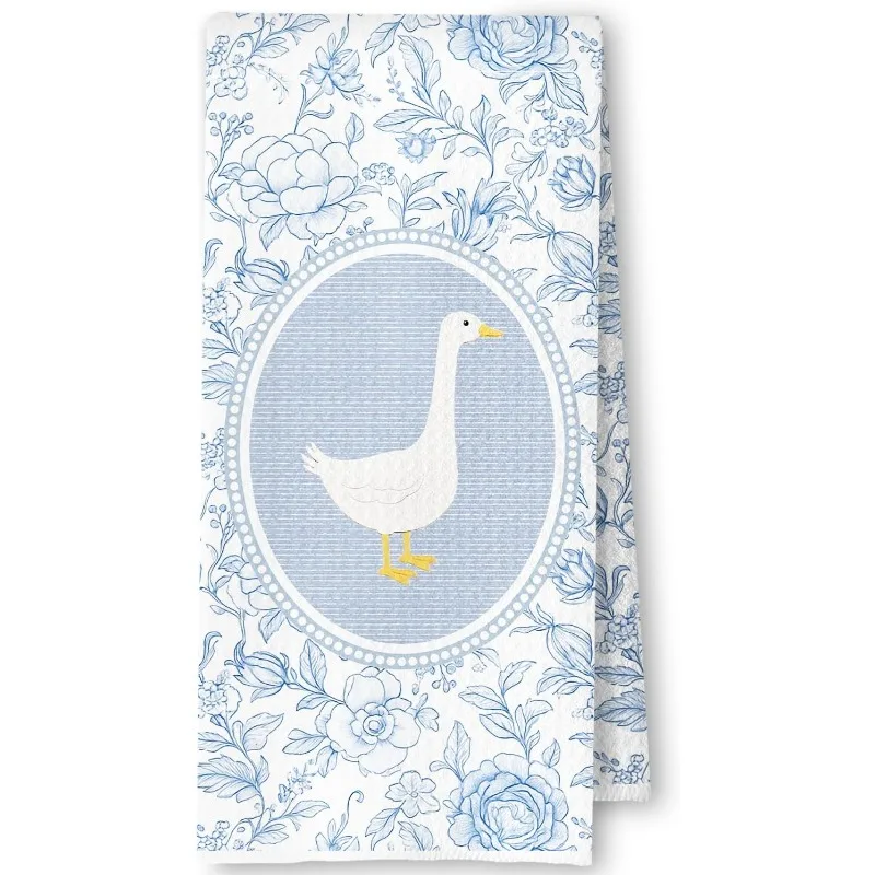 1pc Blue Floral Goose Printed Kitchen Towel, Soft Hand Towel, Perfect for Bathroom, Kitchen, Cottage Decor, Farmhouse Lover Gift