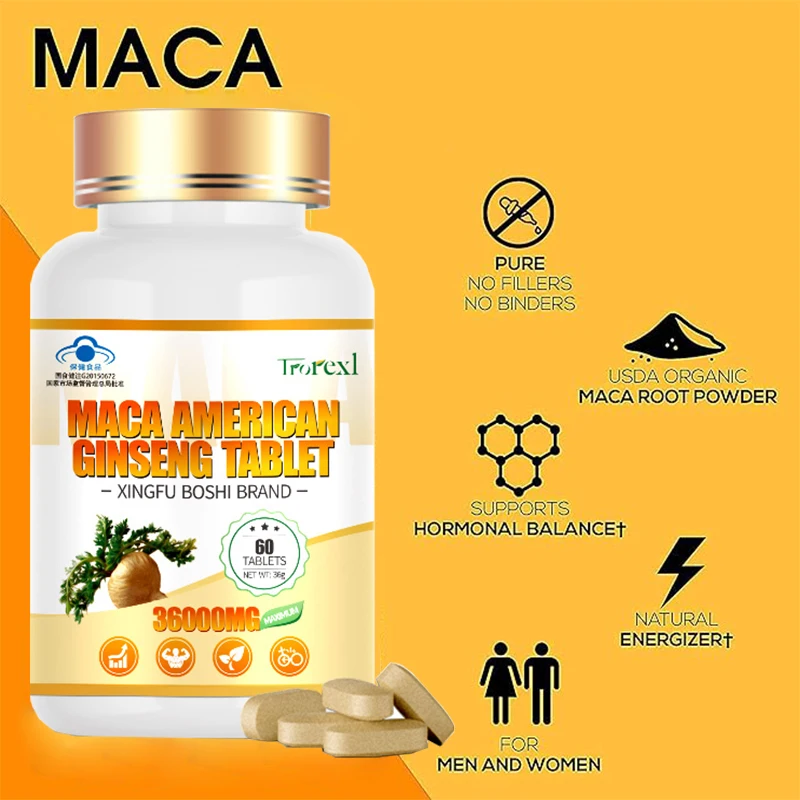 Maca Ginseng Capsules 60 Tablets Non-GMo Supports Reproductive Health Natural Energizer