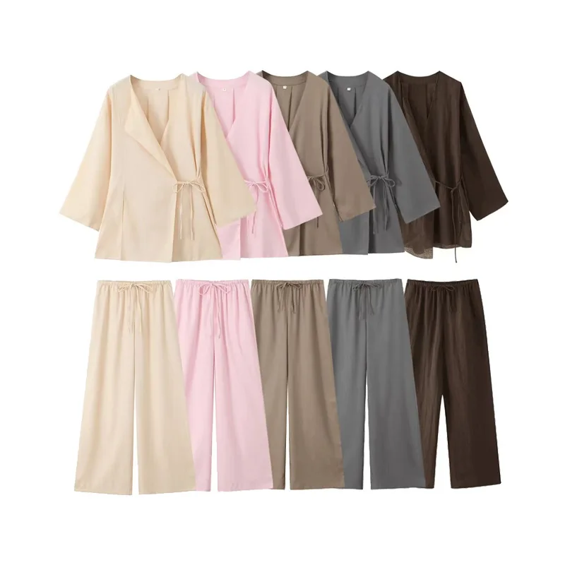 

Linen women's fashion linen brown cardigan kimono top lace-up versatile casual women's wide-leg pants suit TRAF2024 summer