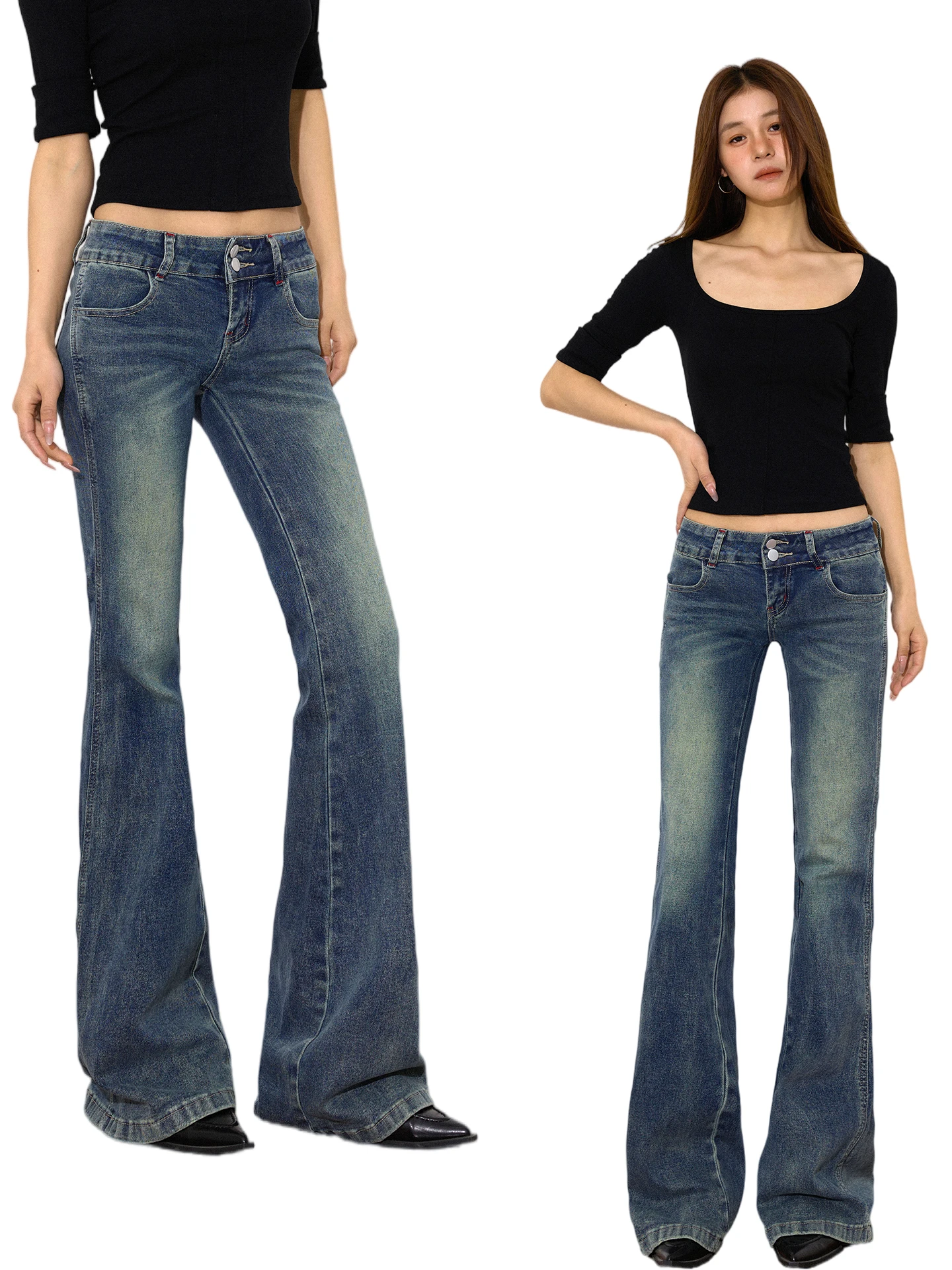 

Американские ретро-джинсы с низкой талией и расклешенными штанинами для женщин, облегающие, в пол, из хлопка, эластичные, на пуговицах, для создания эффекта стройности