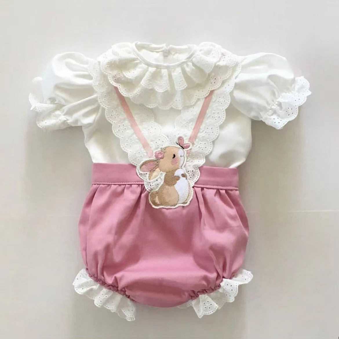 Baby Girl Set Summer Rabbit Embroidery White T-shirt Pink Pants Vintage Suit for Eid Causal Party Eid Easter Photography