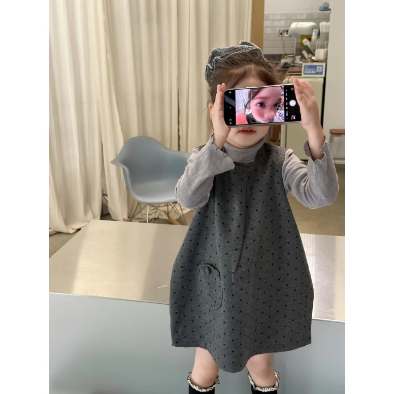 

2025Autumn New Children's Clothing Children's Clothing Girls' Woolen Polka Dot Vest Dress Children's Autumn Dress