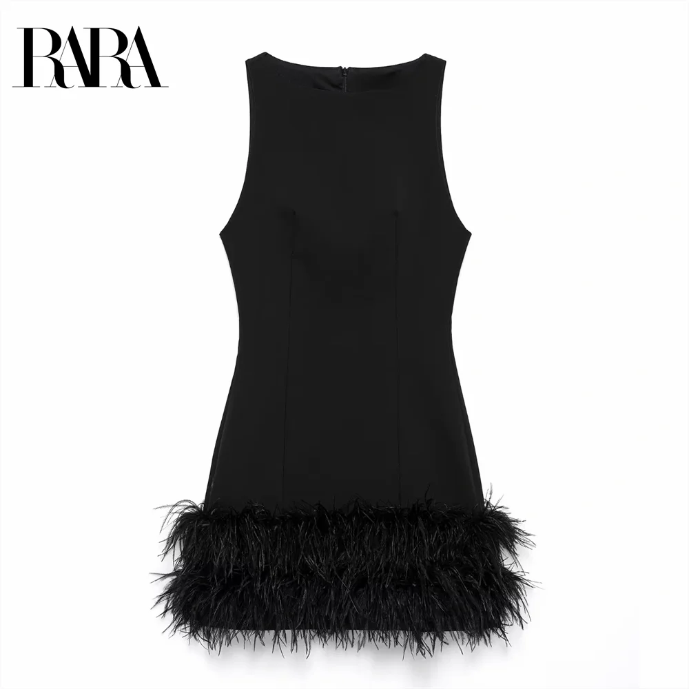 

2024 RARA autumn/winter new black feather slim fit sleeveless vest dress small black dress women's dress