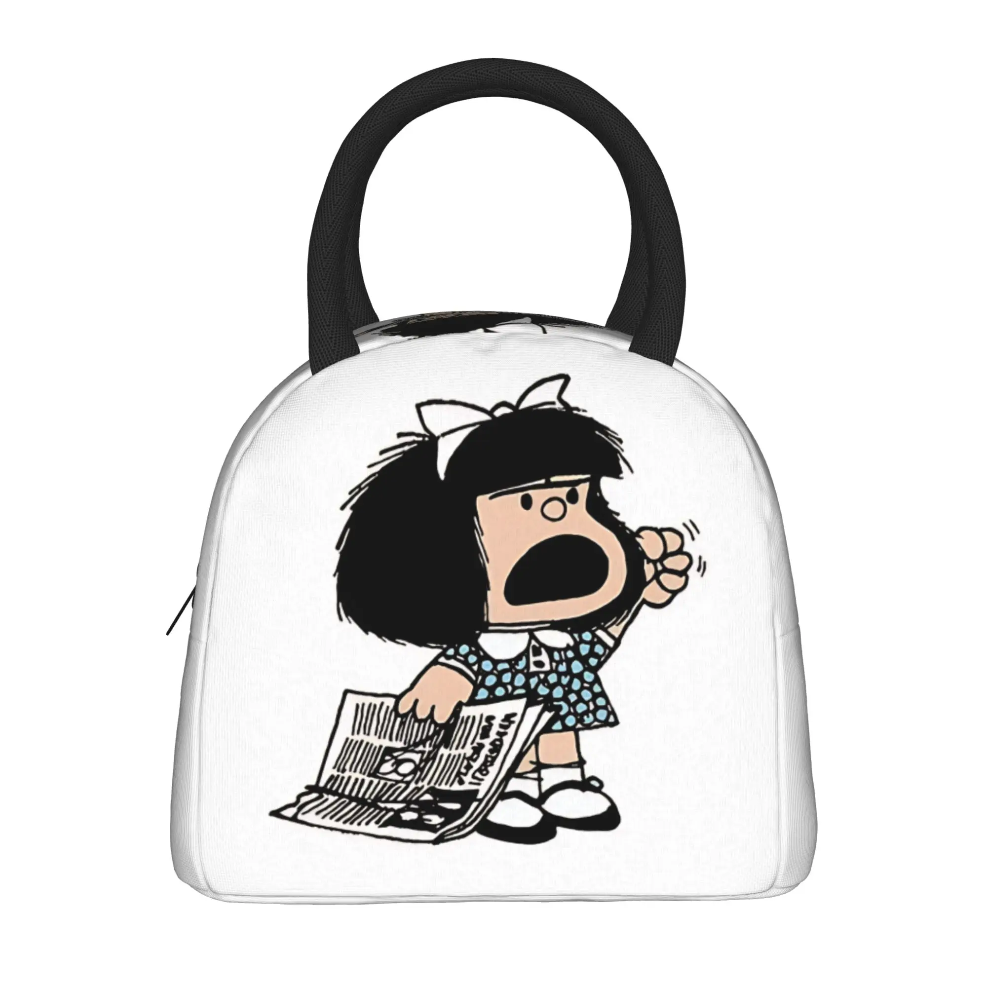 Mafalda Angry Lunch Bag For Unisex Graphic Design Lunch Box Retro School Cooler Bag Portable Zipper Oxford Thermal Tote Handbags