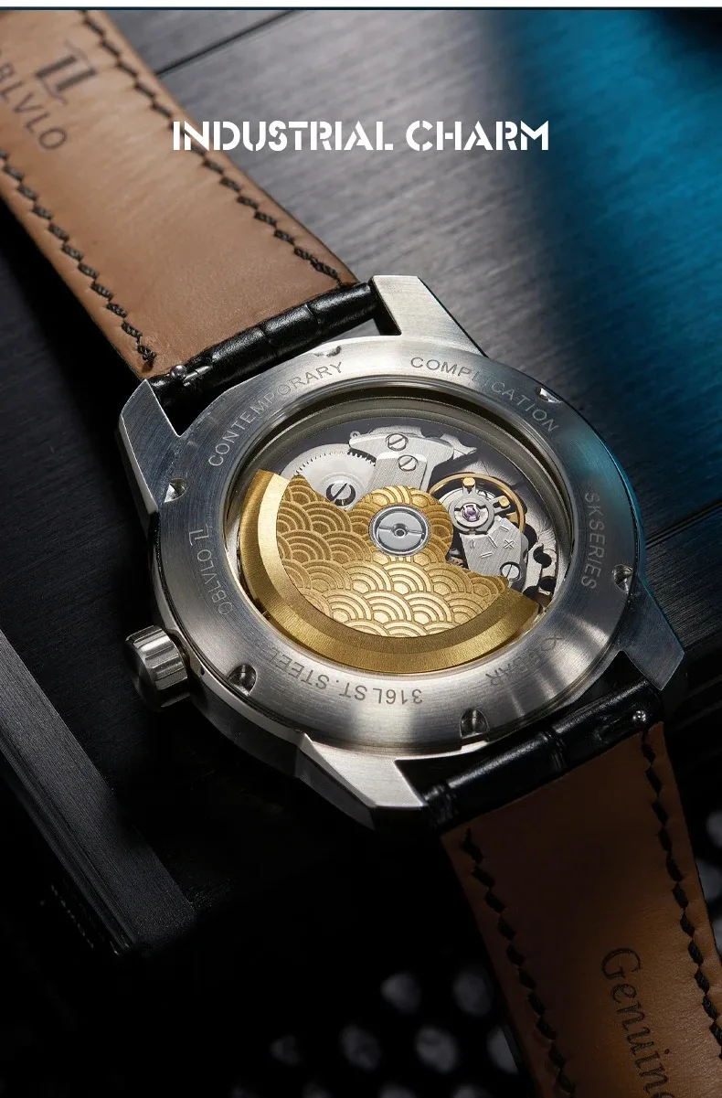 OBLVLO ساعة أوتوماتيكية للرجال 42 ملم Moonphase ساعة يد ميكانيكية 5ATM حزام جلدي مقاوم للماء