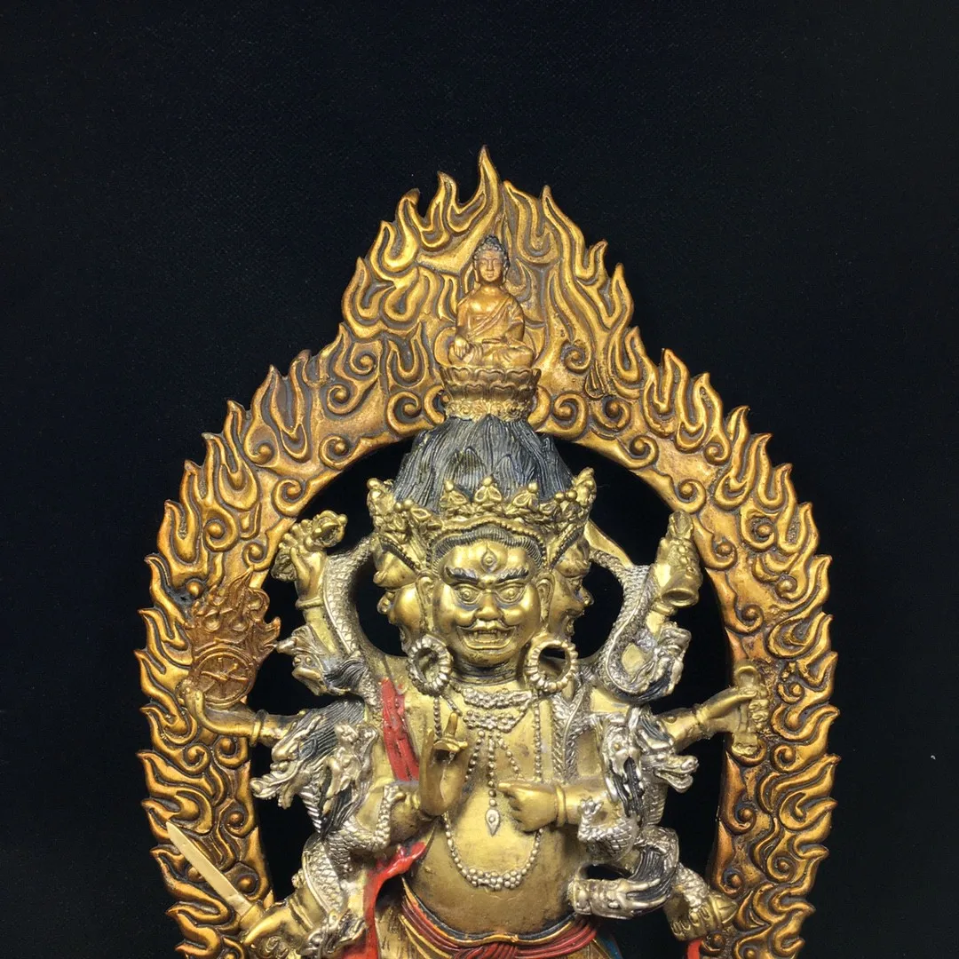 Tibetan brass gilt painting backlit six-armed Maha black God of Wealth ornaments household supplies 34cm